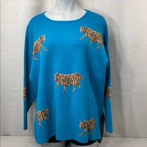 Blue Tiger Print pull-over Women's Sweater